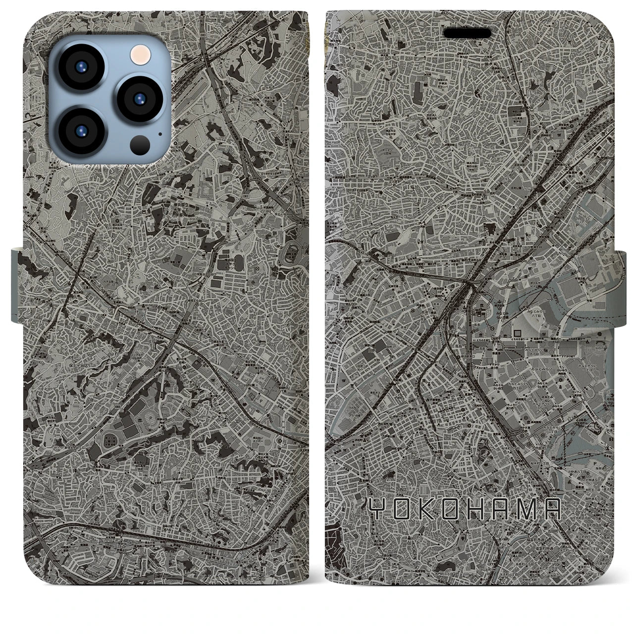 【横浜2(神奈川県)】地図柄iPhoneケース(手帳タイプ)モノトーン・iPhone 13 Pro Max 用