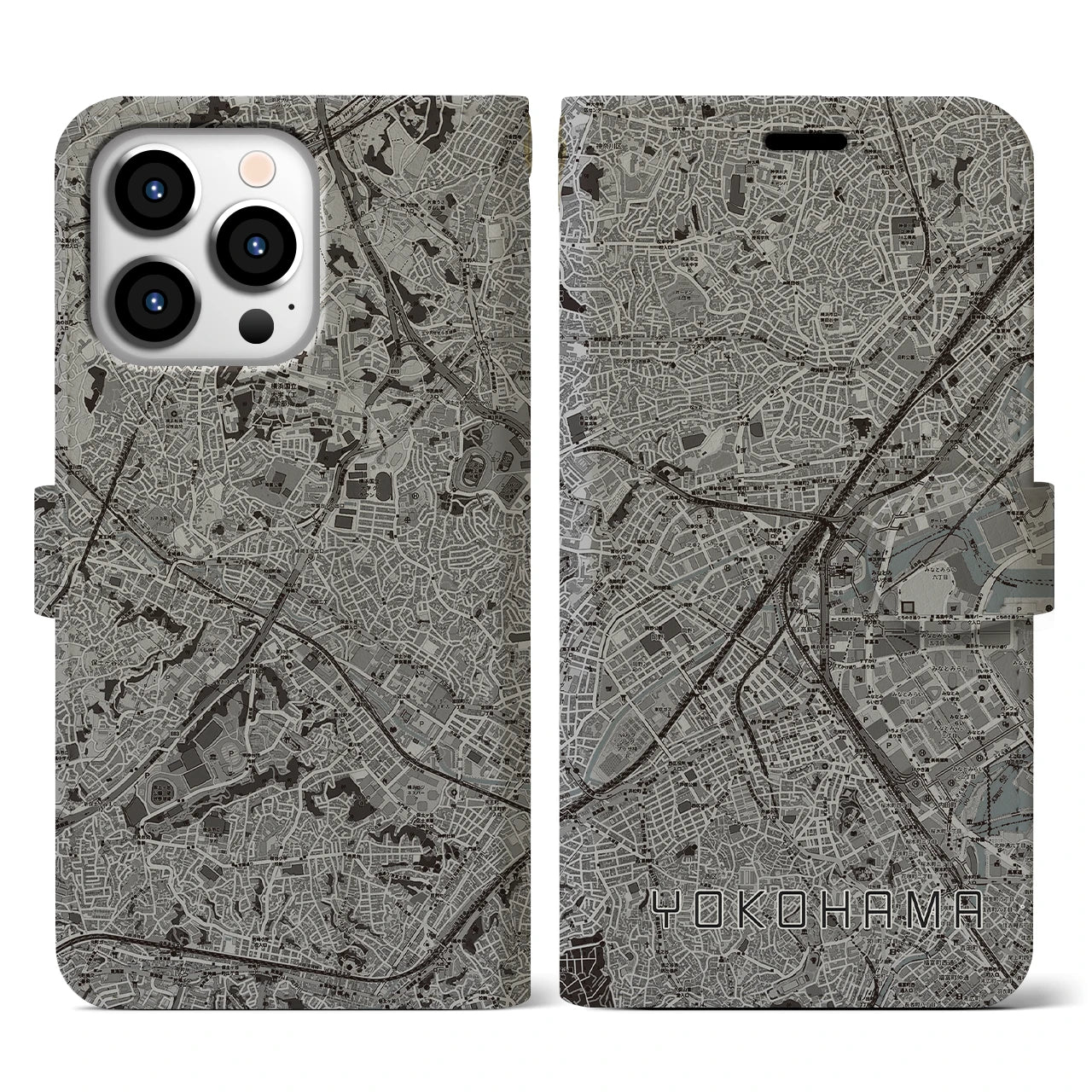 【横浜2(神奈川県)】地図柄iPhoneケース(手帳タイプ)モノトーン・iPhone 13 Pro 用