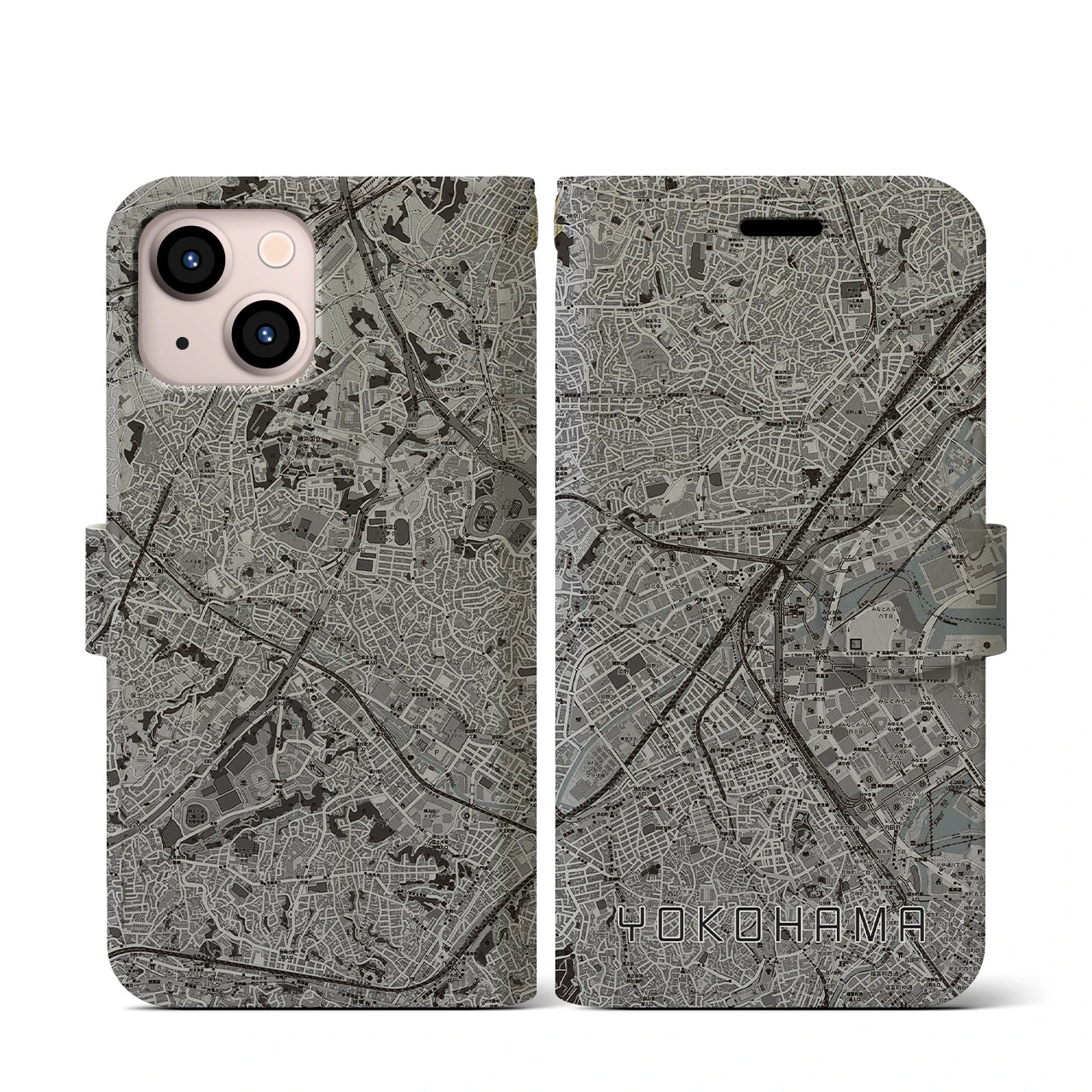 【横浜2(神奈川県)】地図柄iPhoneケース(手帳タイプ)モノトーン・iPhone 13 mini 用