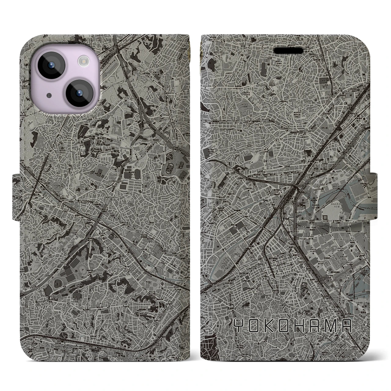 【横浜2(神奈川県)】地図柄iPhoneケース(手帳タイプ)モノトーン・iPhone 14 用