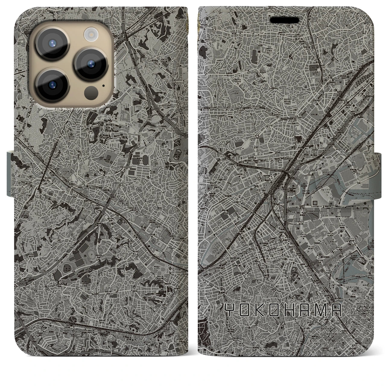 【横浜2(神奈川県)】地図柄iPhoneケース(手帳タイプ)モノトーン・iPhone 14 Pro Max 用