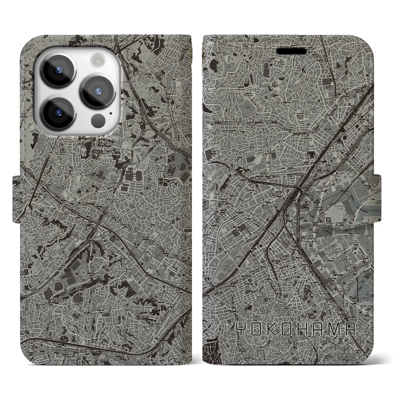 【横浜2(神奈川県)】地図柄iPhoneケース(手帳タイプ)モノトーン・iPhone 14 Pro 用