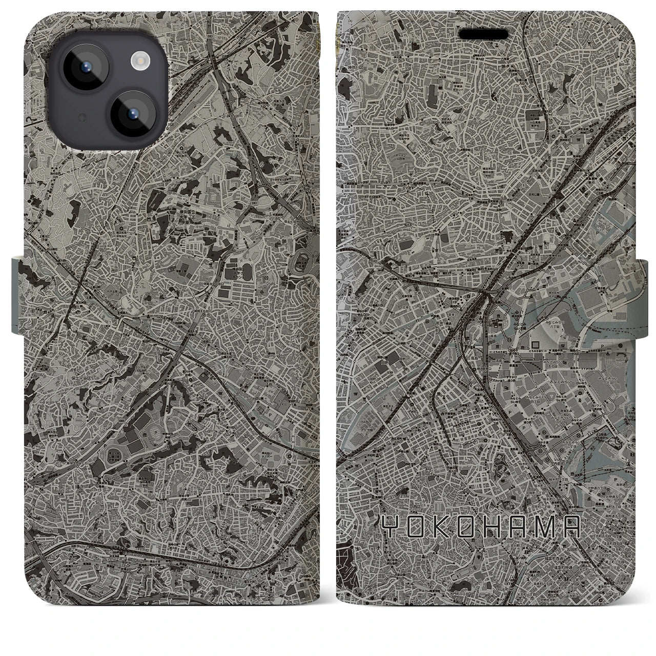 【横浜2(神奈川県)】地図柄iPhoneケース(手帳タイプ)モノトーン・iPhone 14 Plus 用
