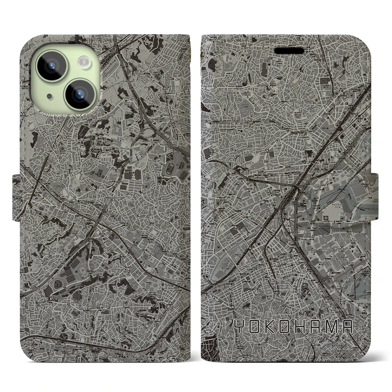 【横浜2(神奈川県)】地図柄iPhoneケース(手帳タイプ)モノトーン・iPhone 15 用