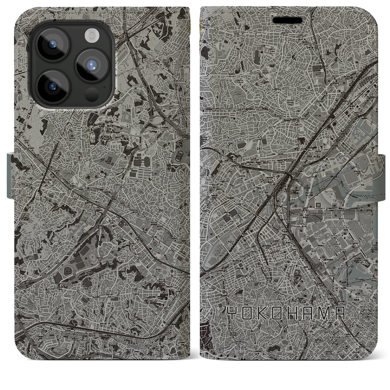 【横浜2(神奈川県)】地図柄iPhoneケース(手帳タイプ)モノトーン・iPhone 15 Pro Max 用