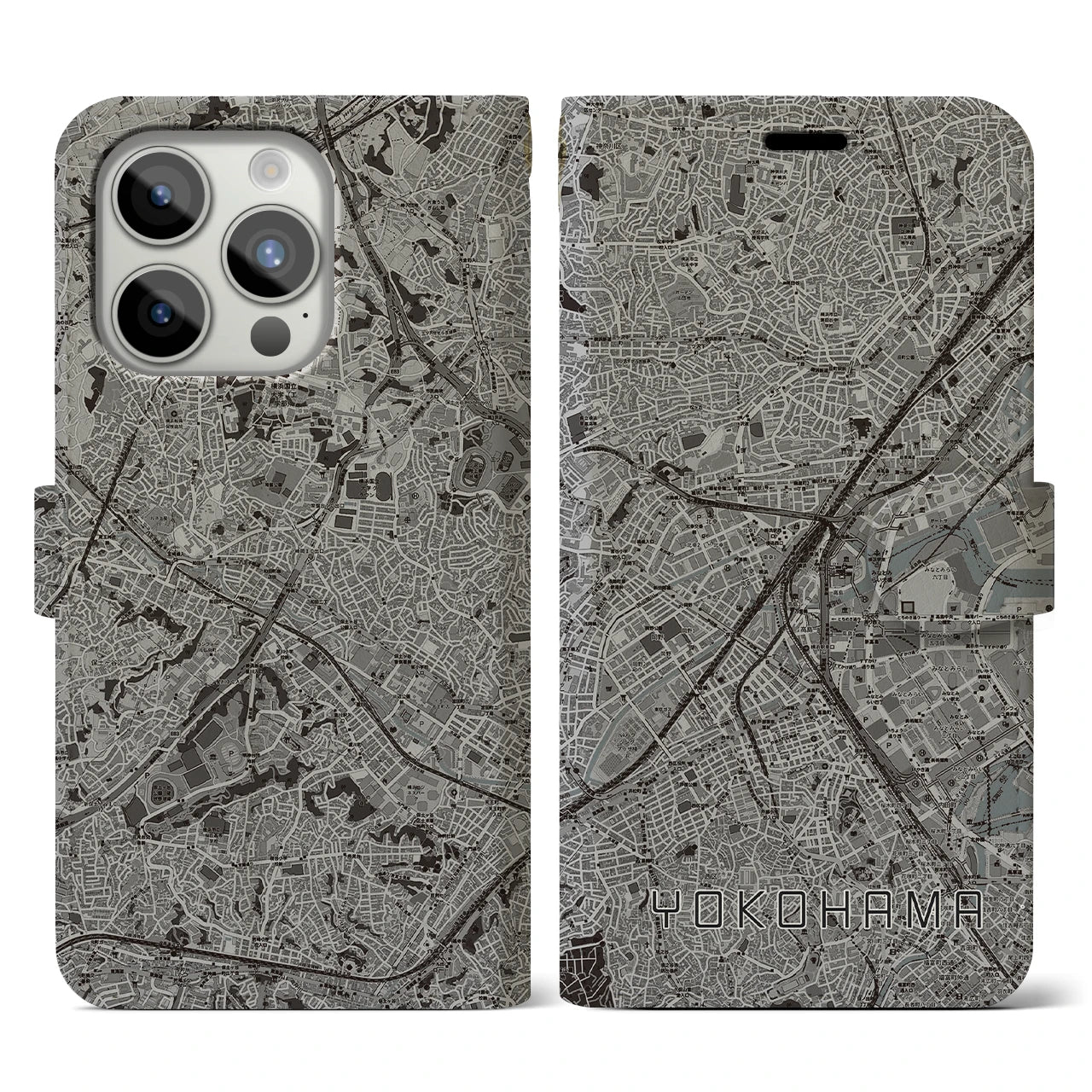 【横浜2(神奈川県)】地図柄iPhoneケース(手帳タイプ)モノトーン・iPhone 15 Pro 用