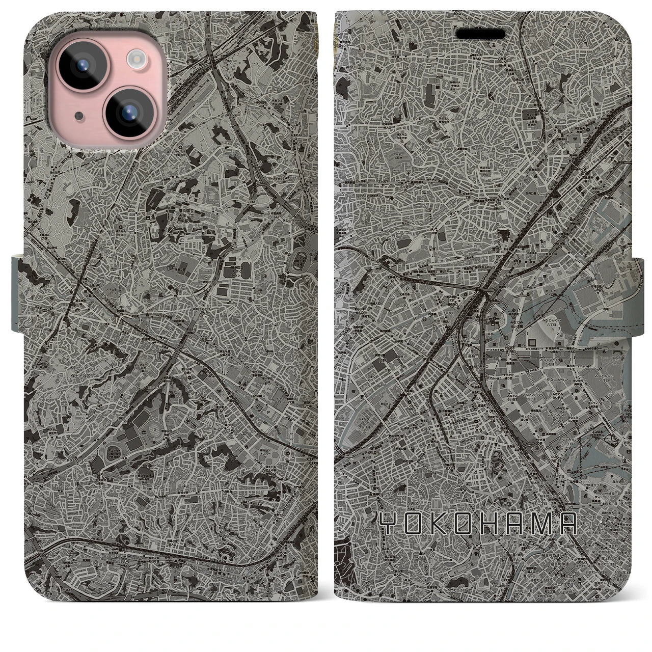 【横浜2(神奈川県)】地図柄iPhoneケース(手帳タイプ)モノトーン・iPhone 15 Plus 用