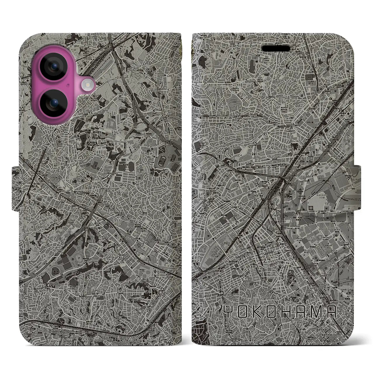 【横浜2(神奈川県)】地図柄iPhoneケース(手帳タイプ)モノトーン・iPhone 16 Pro 用