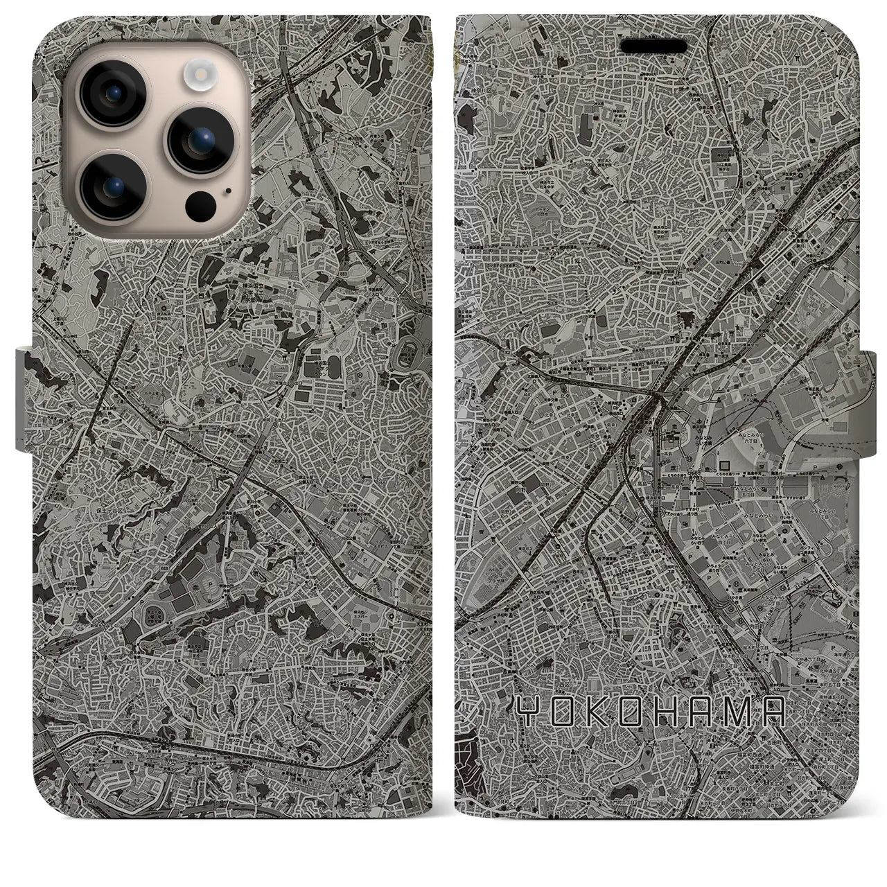 【横浜2(神奈川県)】地図柄iPhoneケース(手帳タイプ)モノトーン・iPhone 16 Plus 用