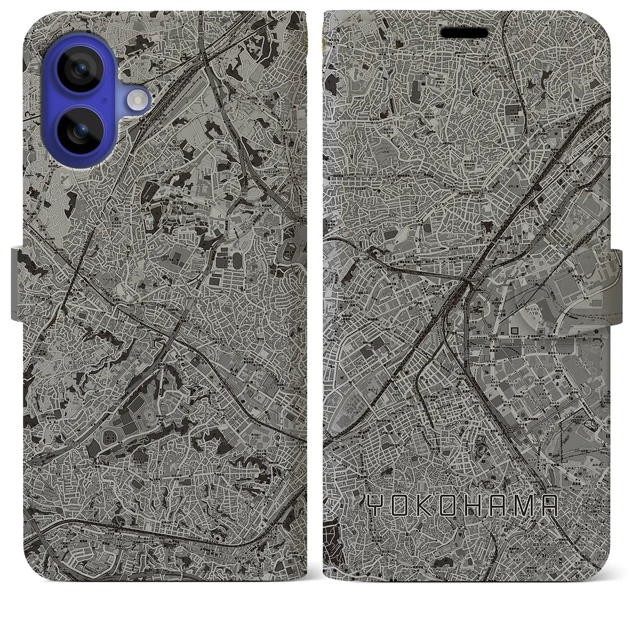 【横浜2(神奈川県)】地図柄iPhoneケース(手帳タイプ)モノトーン・iPhone 16 Pro Max 用