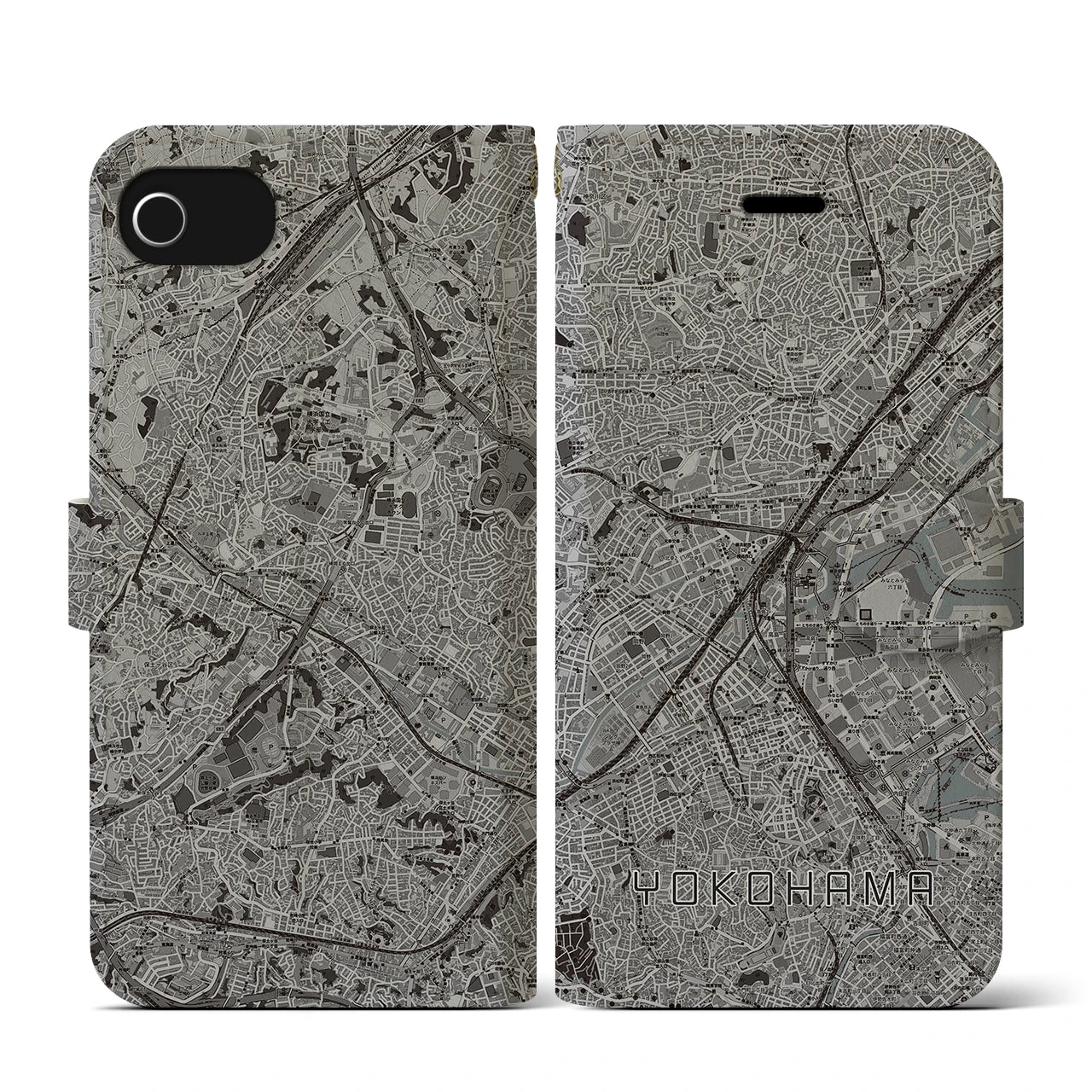 【横浜2(神奈川県)】地図柄iPhoneケース(手帳タイプ)モノトーン・iPhone SE(第3 / 第2世代) / 8 / 7 / 6s / 6 用