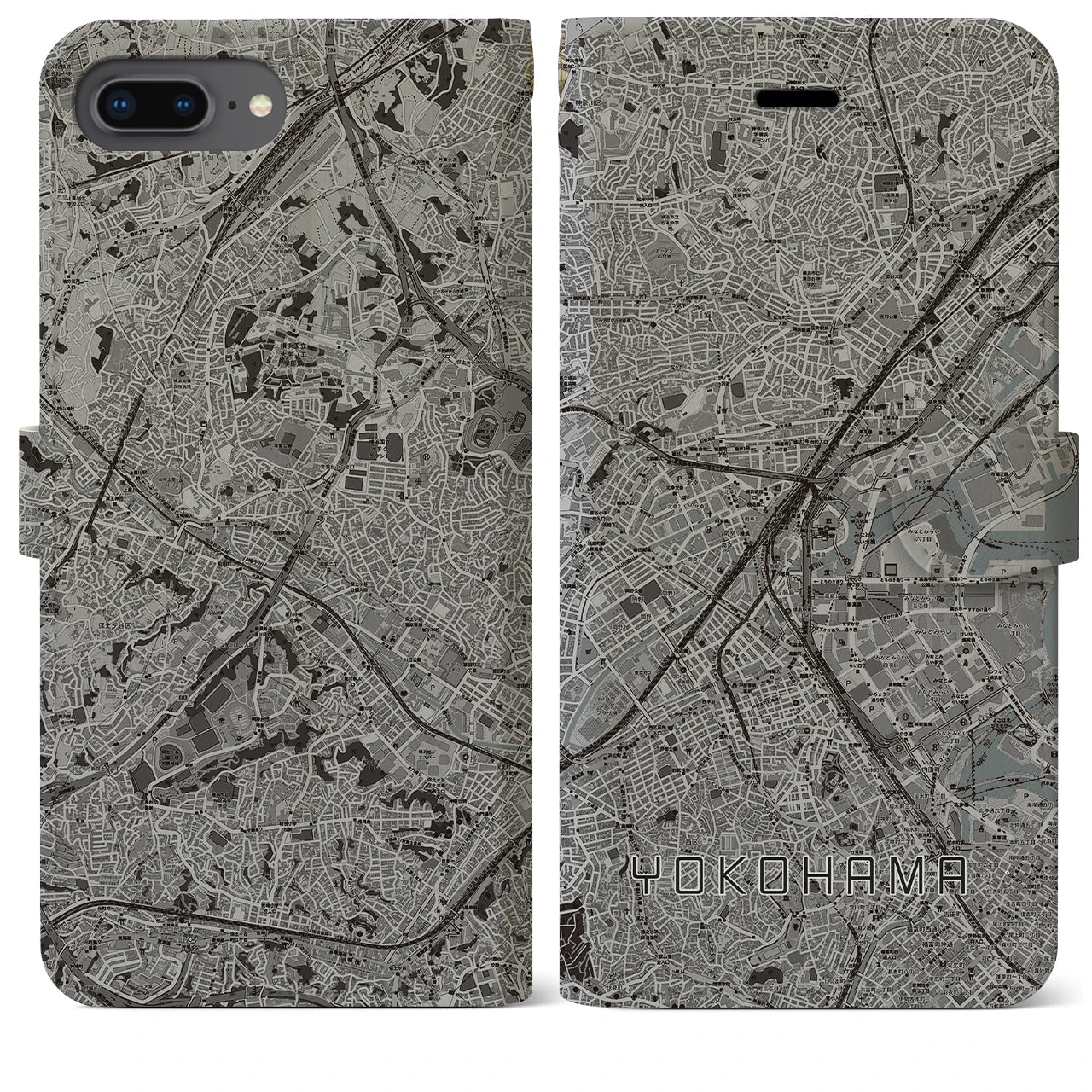 【横浜2(神奈川県)】地図柄iPhoneケース(手帳タイプ)モノトーン・iPhone 8Plus /7Plus / 6sPlus / 6Plus 用