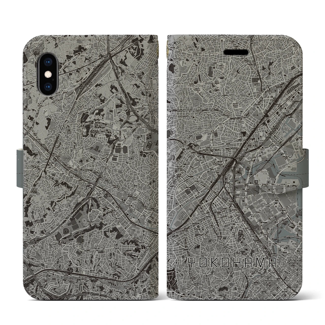 【横浜2(神奈川県)】地図柄iPhoneケース(手帳タイプ)モノトーン・iPhone XS / X 用