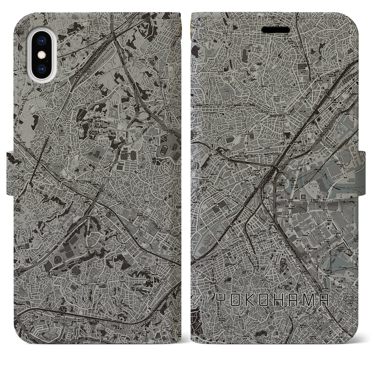 【横浜2(神奈川県)】地図柄iPhoneケース(手帳タイプ)モノトーン・iPhone XS Max 用