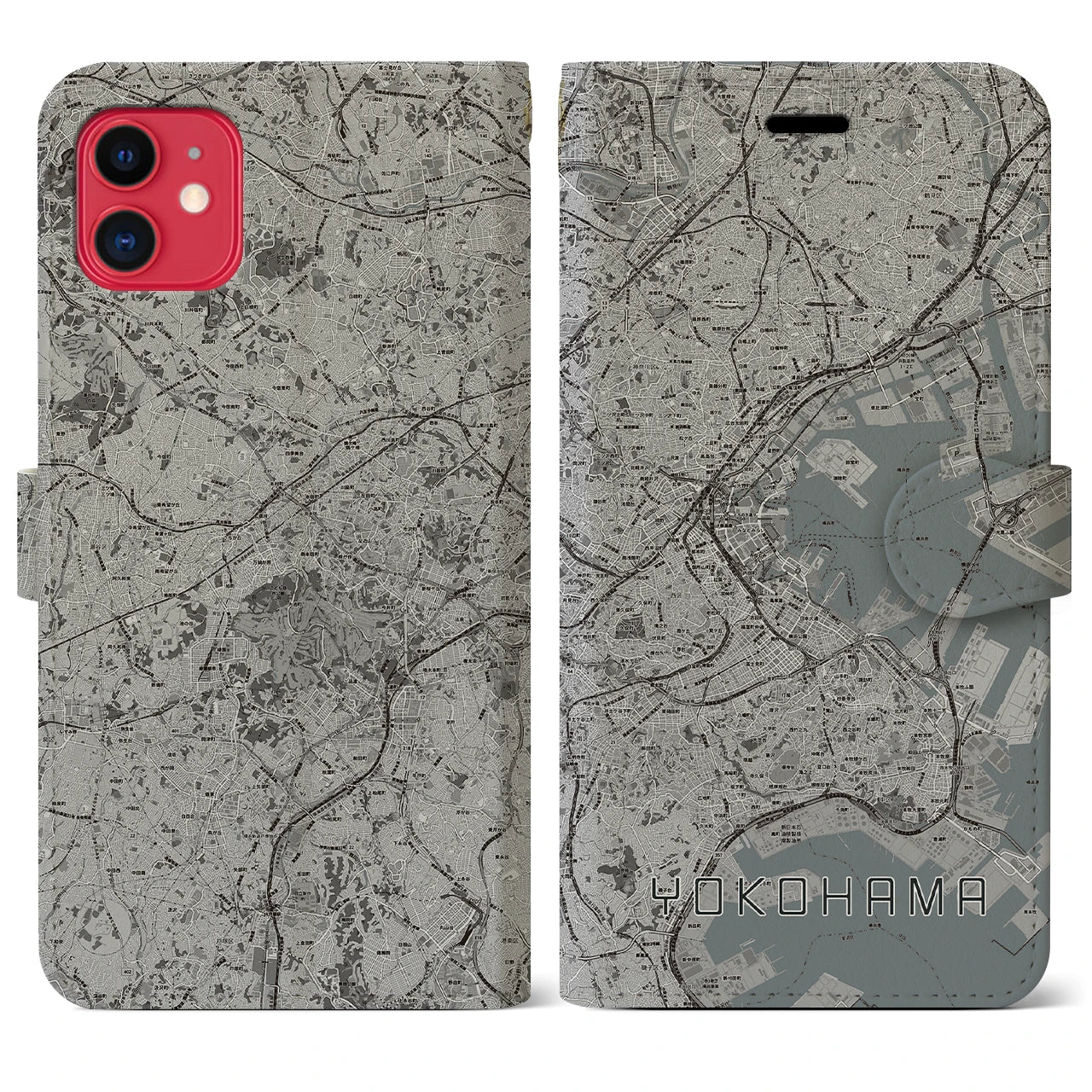 【横浜(神奈川県)】地図柄iPhoneケース(手帳タイプ)モノトーン・iPhone 11 用