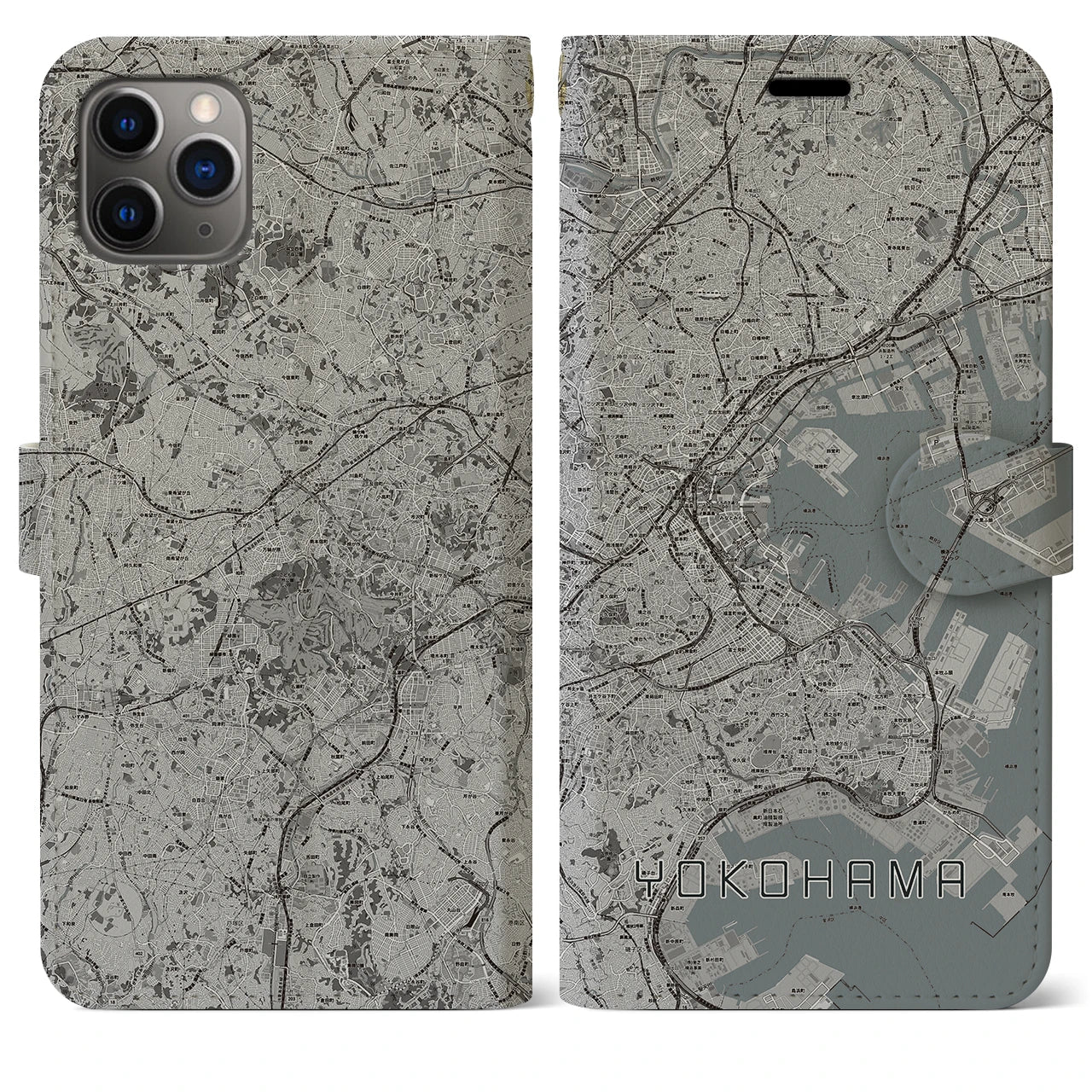 【横浜(神奈川県)】地図柄iPhoneケース(手帳タイプ)モノトーン・iPhone 11 Pro Max 用