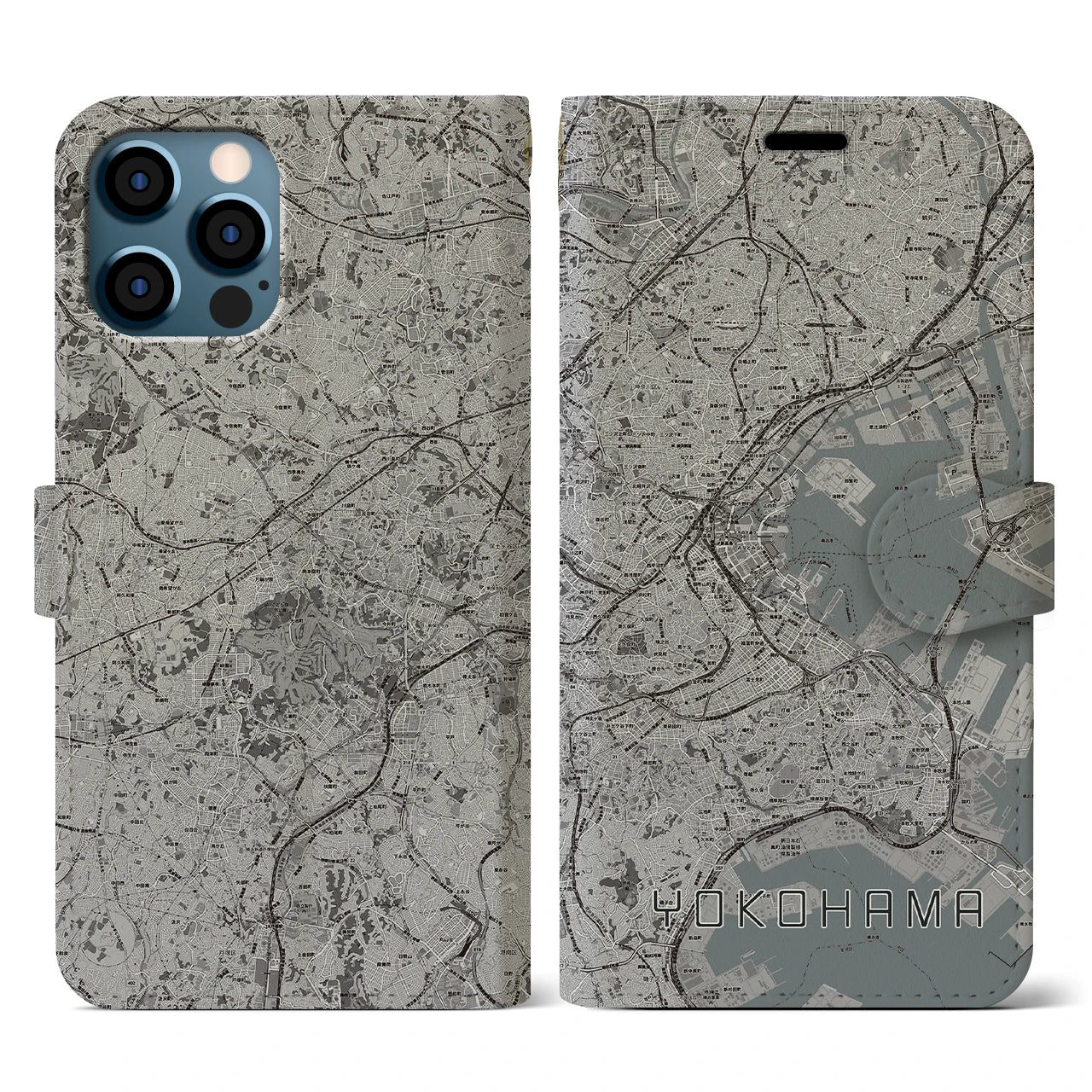 【横浜(神奈川県)】地図柄iPhoneケース(手帳タイプ)モノトーン・iPhone 12 / 12 Pro 用