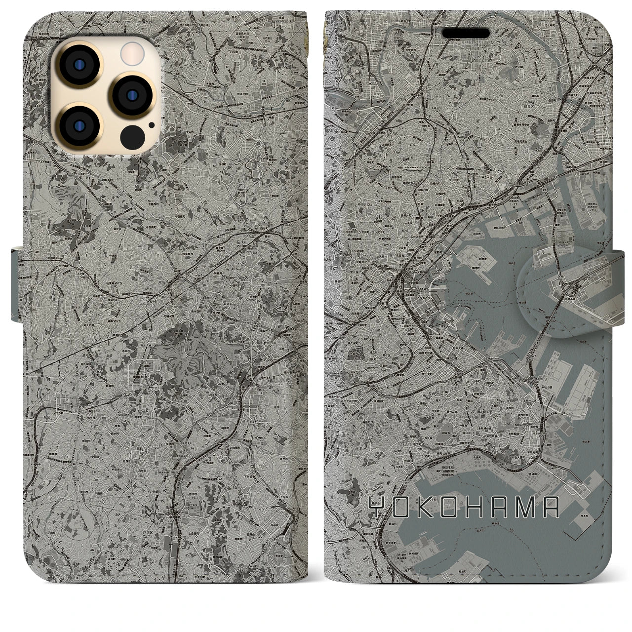 【横浜(神奈川県)】地図柄iPhoneケース(手帳タイプ)モノトーン・iPhone 12 Pro Max 用