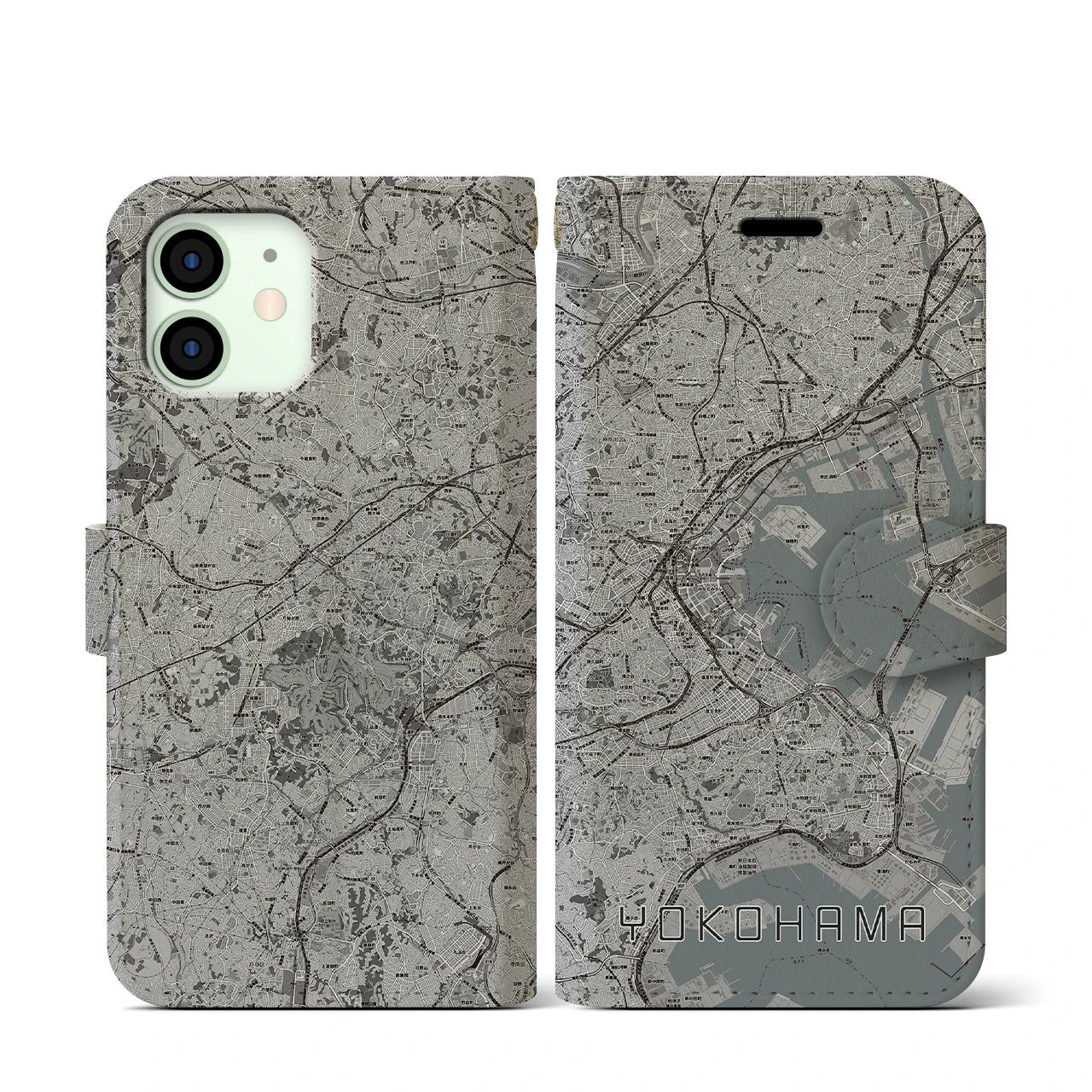 【横浜(神奈川県)】地図柄iPhoneケース(手帳タイプ)モノトーン・iPhone 12 mini 用