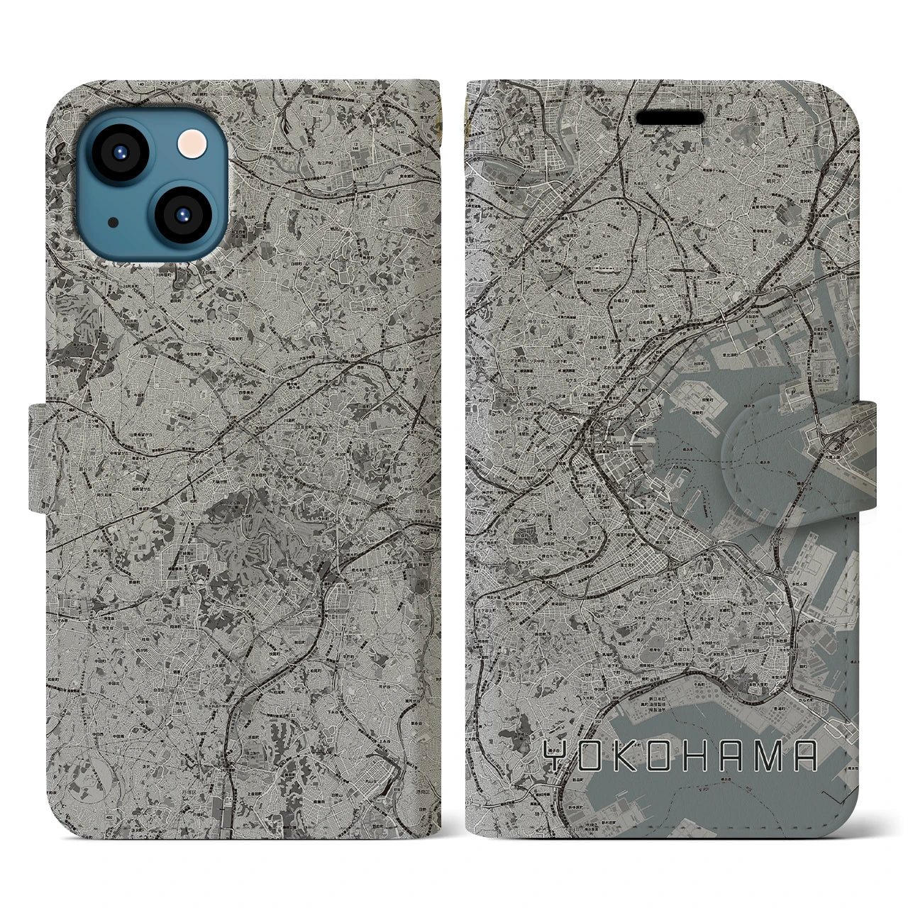 【横浜(神奈川県)】地図柄iPhoneケース(手帳タイプ)モノトーン・iPhone 13 用