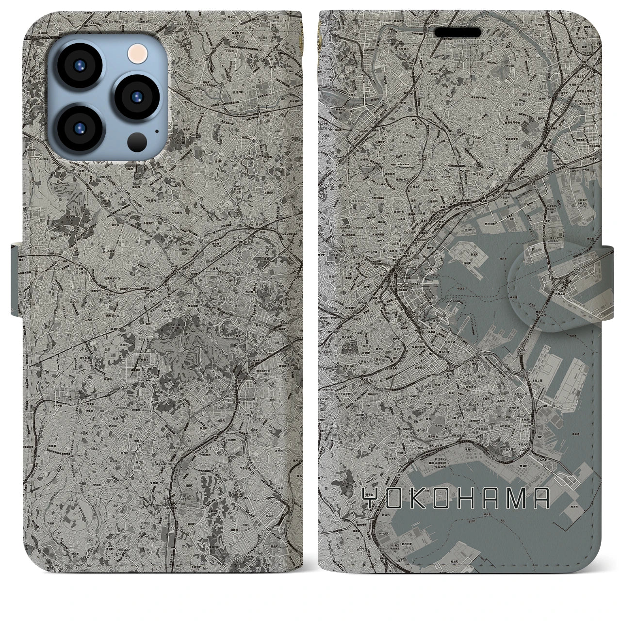 【横浜(神奈川県)】地図柄iPhoneケース(手帳タイプ)モノトーン・iPhone 13 Pro Max 用