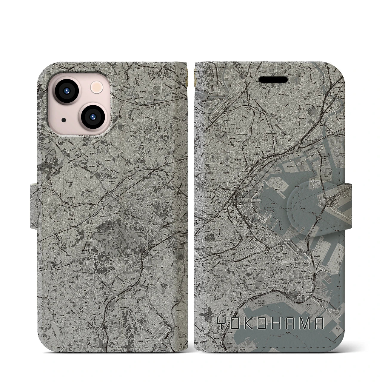 【横浜(神奈川県)】地図柄iPhoneケース(手帳タイプ)モノトーン・iPhone 13 mini 用