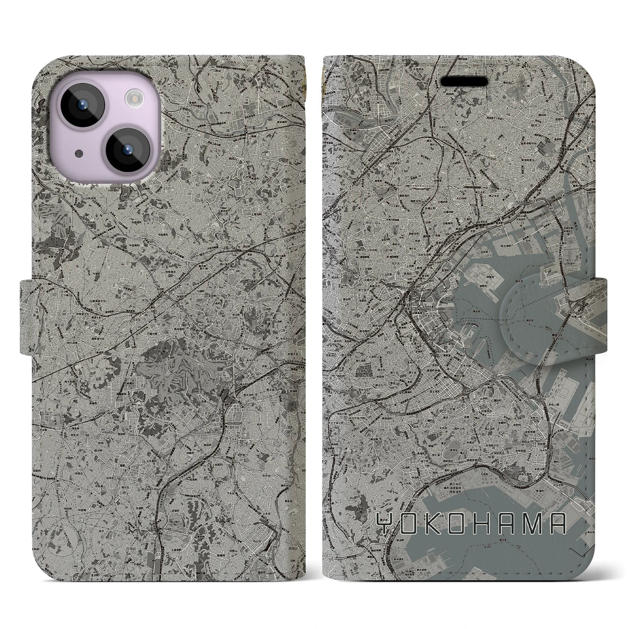 【横浜(神奈川県)】地図柄iPhoneケース(手帳タイプ)モノトーン・iPhone 14 用
