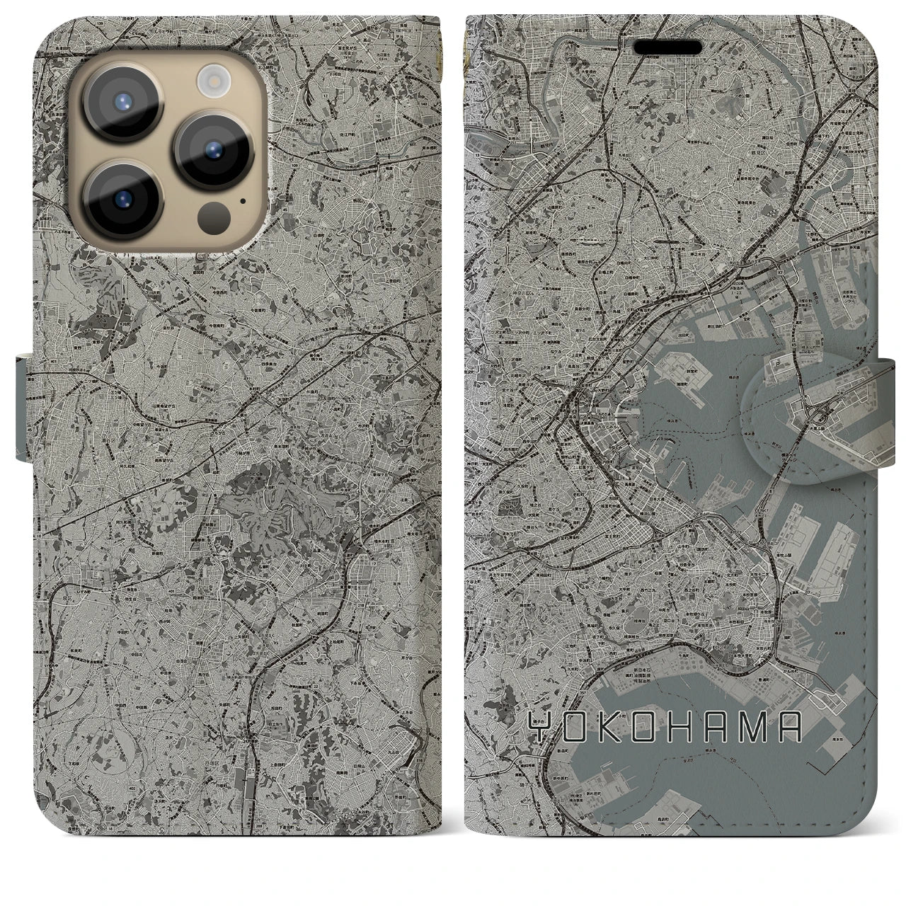【横浜(神奈川県)】地図柄iPhoneケース(手帳タイプ)モノトーン・iPhone 14 Pro Max 用
