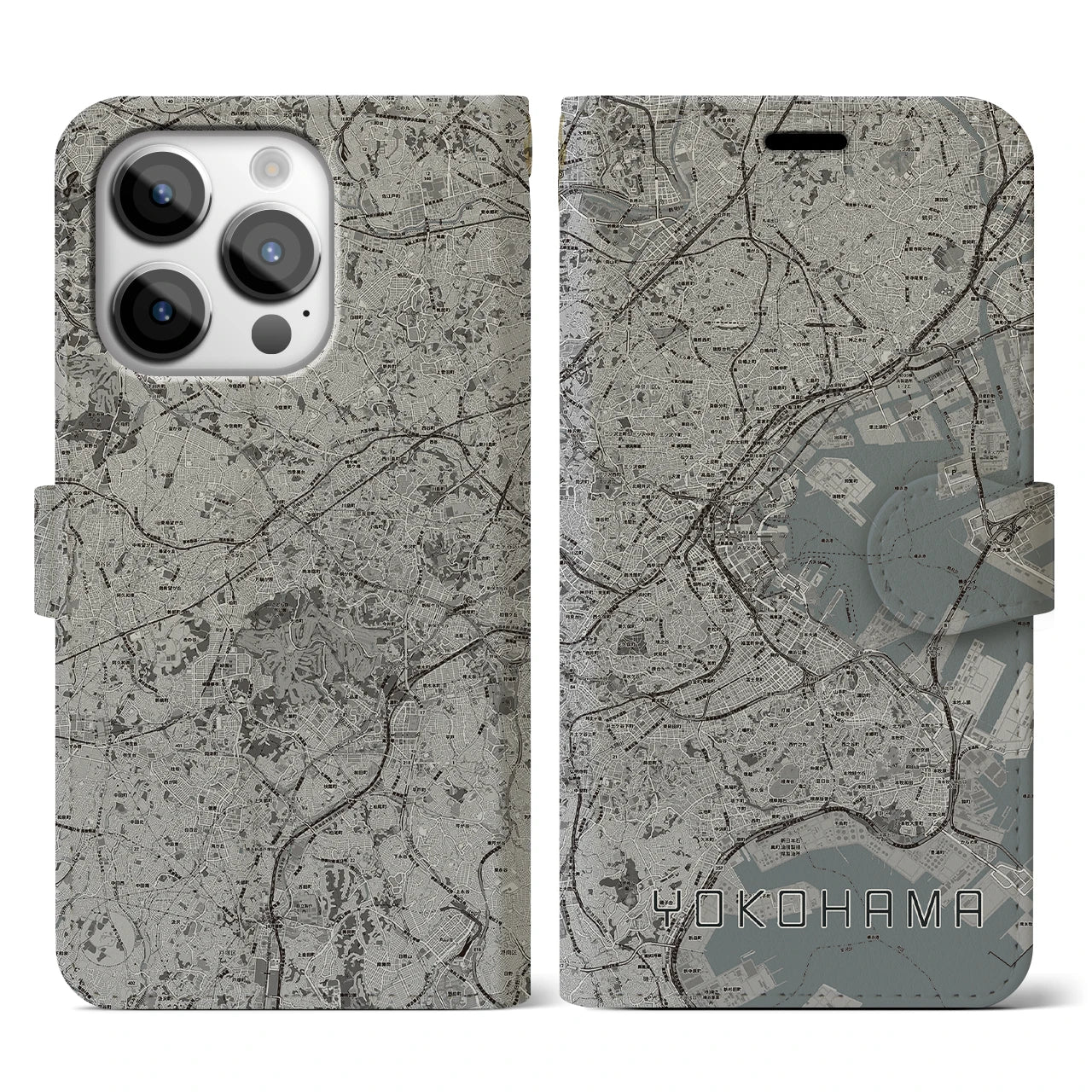 【横浜(神奈川県)】地図柄iPhoneケース(手帳タイプ)モノトーン・iPhone 14 Pro 用