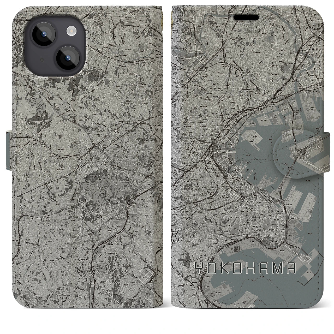 【横浜(神奈川県)】地図柄iPhoneケース(手帳タイプ)モノトーン・iPhone 14 Plus 用
