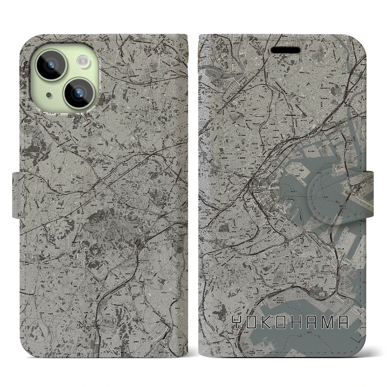 【横浜(神奈川県)】地図柄iPhoneケース(手帳タイプ)モノトーン・iPhone 15 用
