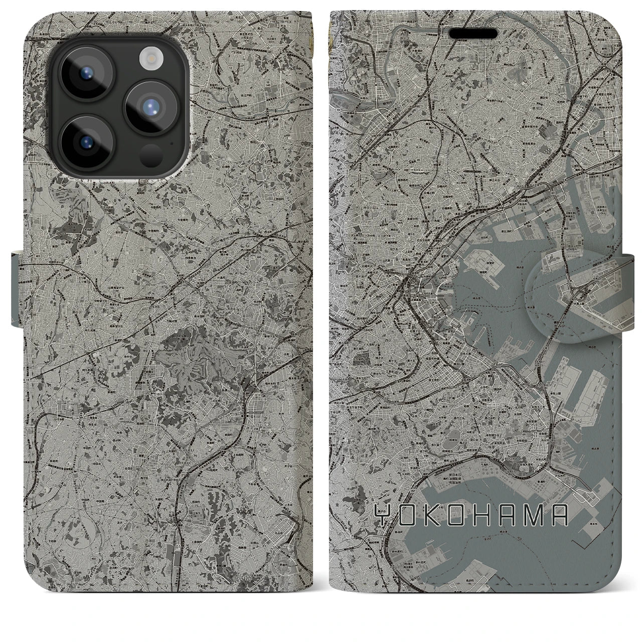 【横浜(神奈川県)】地図柄iPhoneケース(手帳タイプ)モノトーン・iPhone 15 Pro Max 用