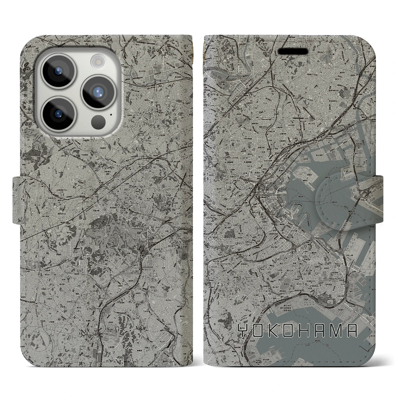 【横浜(神奈川県)】地図柄iPhoneケース(手帳タイプ)モノトーン・iPhone 15 Pro 用