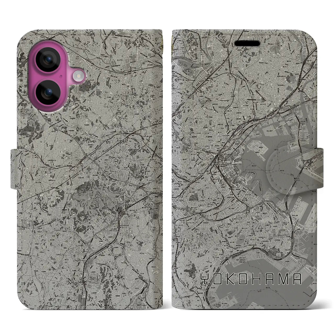 【横浜(神奈川県)】地図柄iPhoneケース(手帳タイプ)モノトーン・iPhone 16 Pro 用