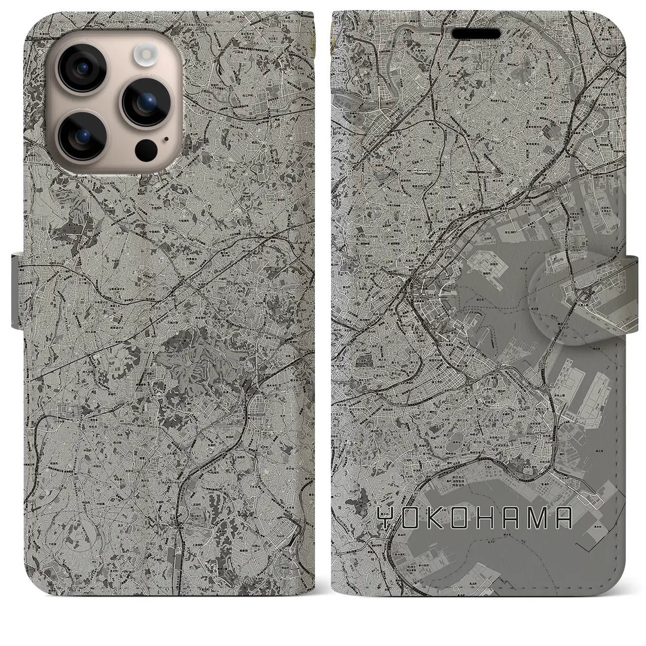 【横浜(神奈川県)】地図柄iPhoneケース(手帳タイプ)モノトーン・iPhone 16 Plus 用