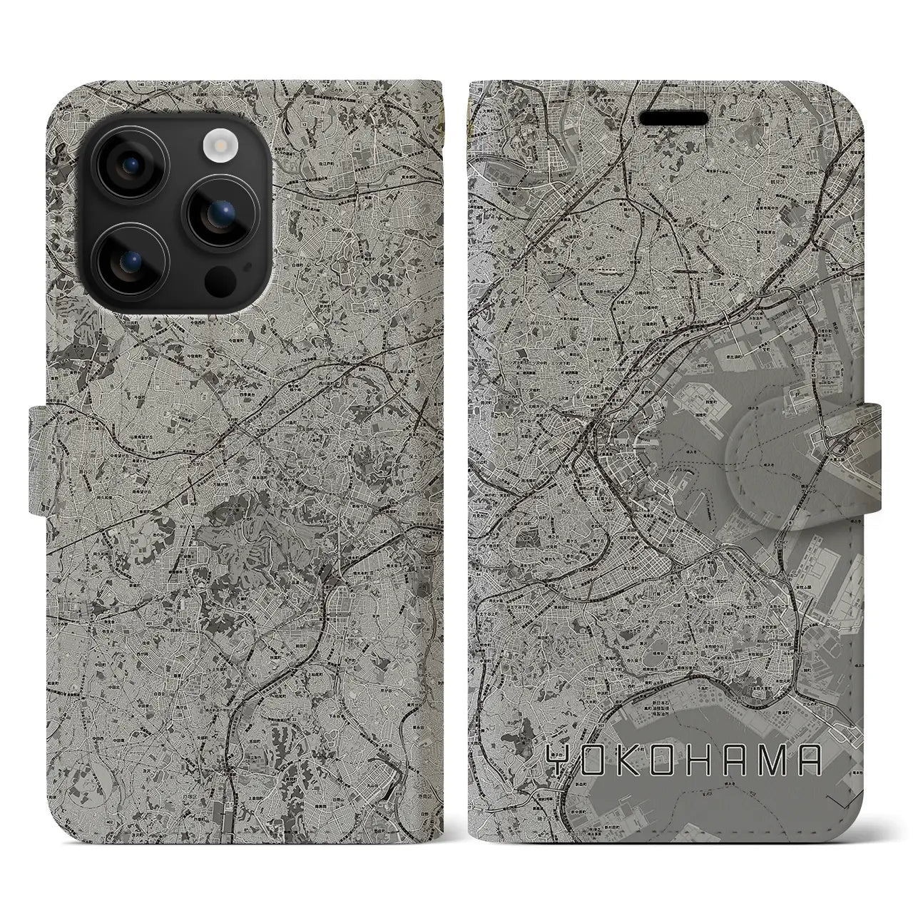 【横浜(神奈川県)】地図柄iPhoneケース(手帳タイプ)モノトーン・iPhone 16 用