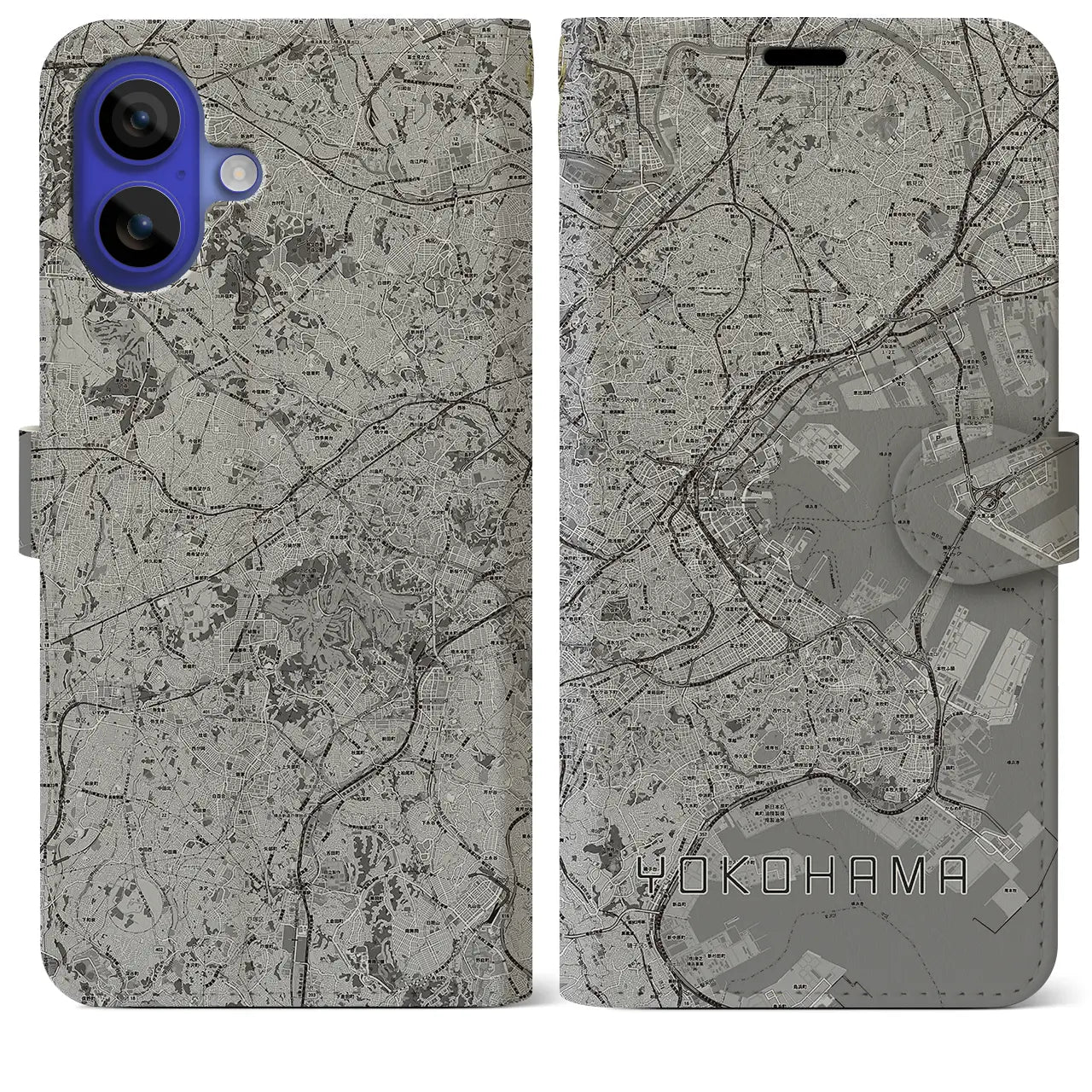 【横浜(神奈川県)】地図柄iPhoneケース(手帳タイプ)モノトーン・iPhone 16 Pro Max 用
