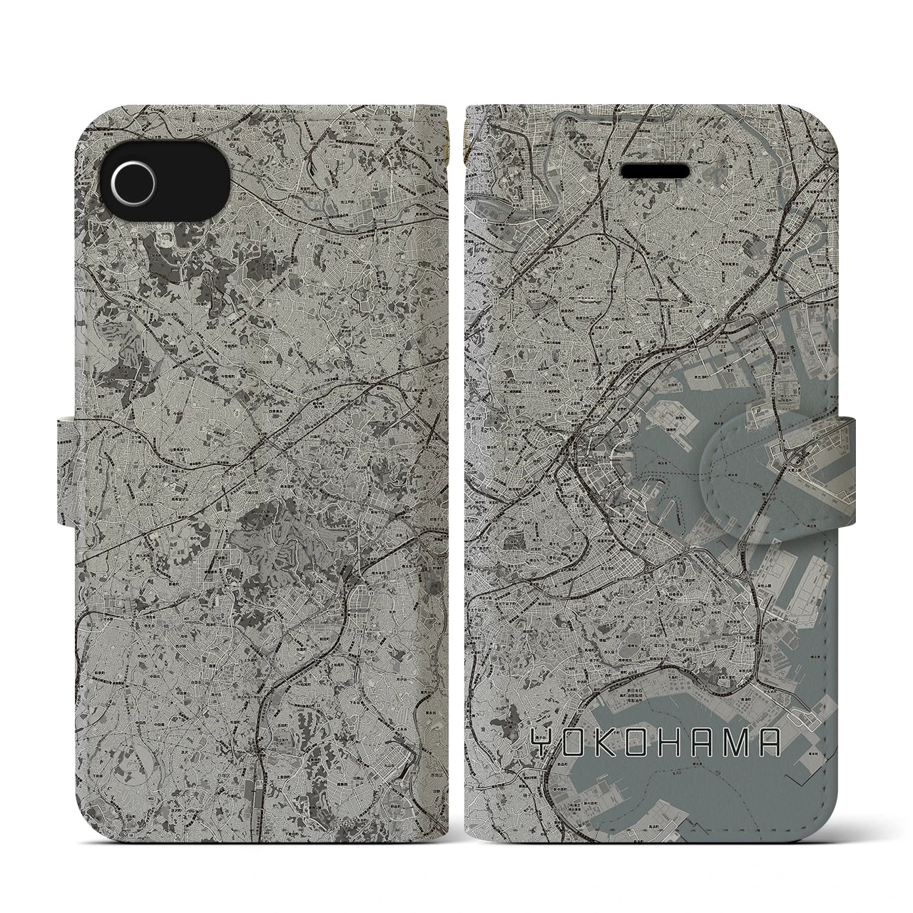 【横浜(神奈川県)】地図柄iPhoneケース(手帳タイプ)モノトーン・iPhone SE(第3 / 第2世代) / 8 / 7 / 6s / 6 用