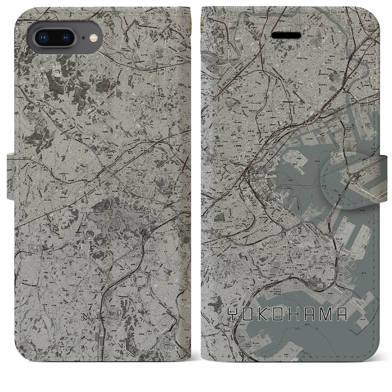 【横浜(神奈川県)】地図柄iPhoneケース(手帳タイプ)モノトーン・iPhone 8Plus /7Plus / 6sPlus / 6Plus 用