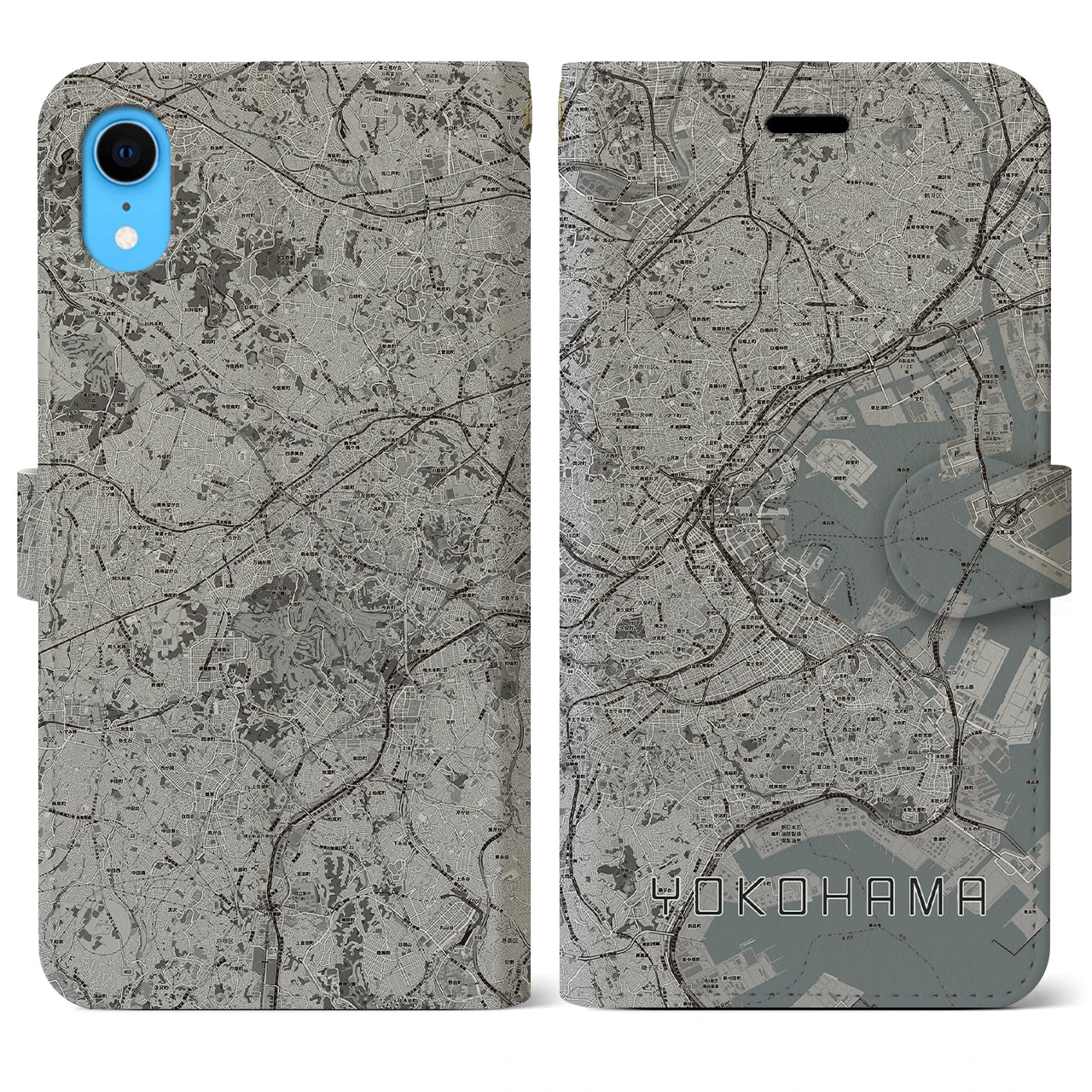【横浜(神奈川県)】地図柄iPhoneケース(手帳タイプ)モノトーン・iPhone XR 用