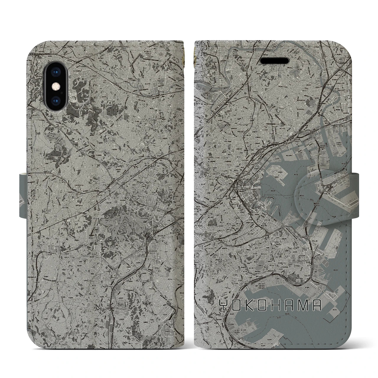 【横浜(神奈川県)】地図柄iPhoneケース(手帳タイプ)モノトーン・iPhone XS / X 用