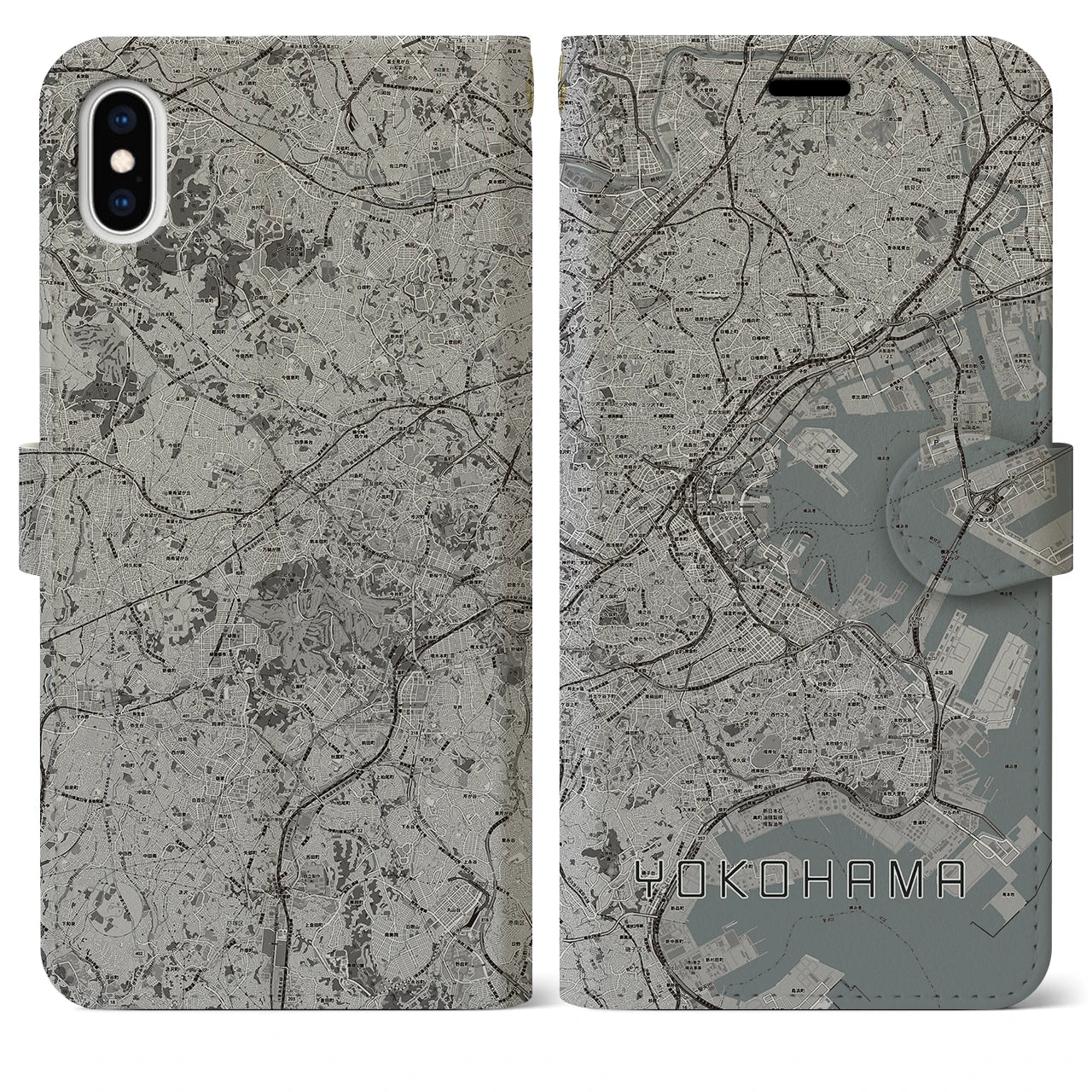【横浜(神奈川県)】地図柄iPhoneケース(手帳タイプ)モノトーン・iPhone XS Max 用