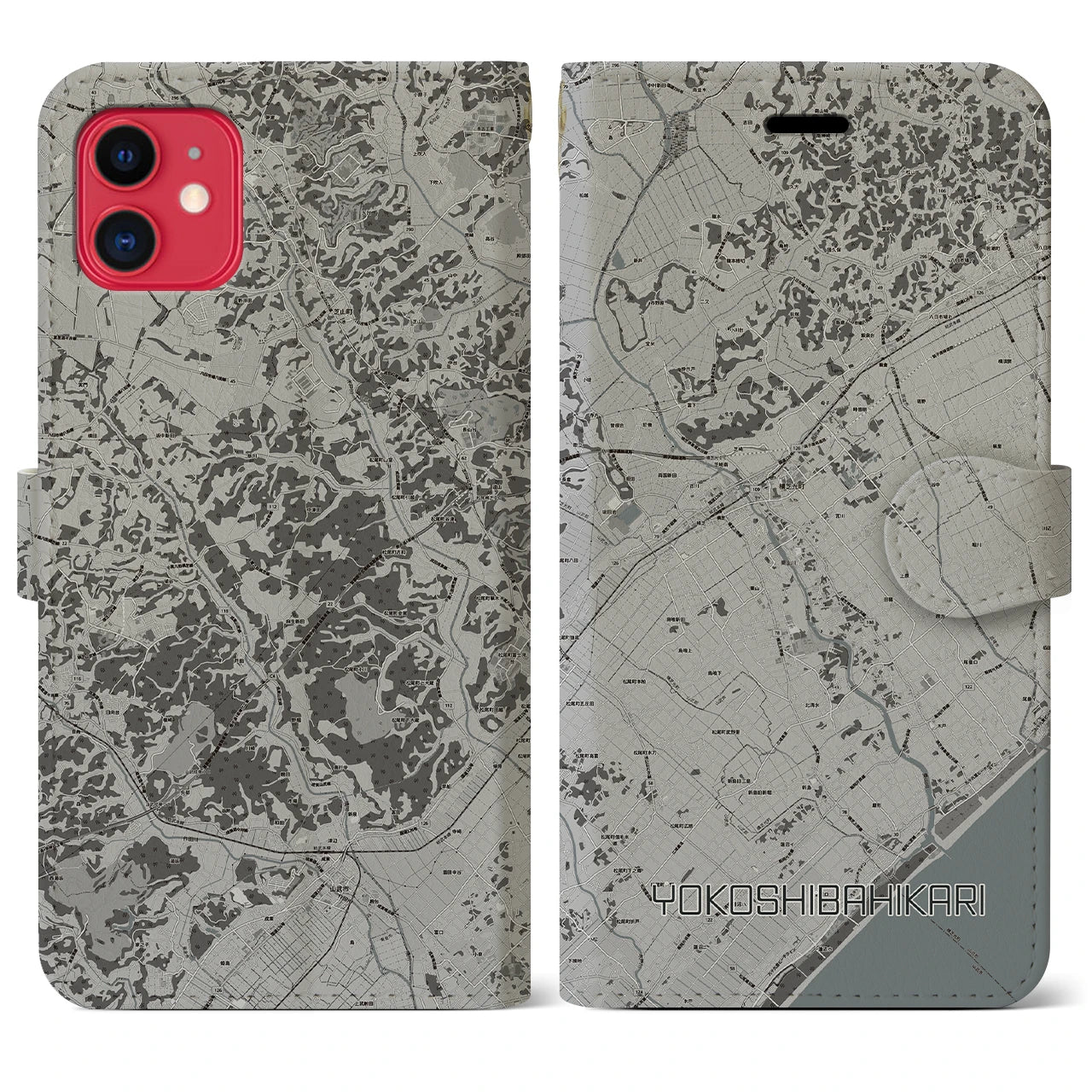 【横芝光(千葉県)】地図柄iPhoneケース(手帳タイプ)モノトーン・iPhone 11 用