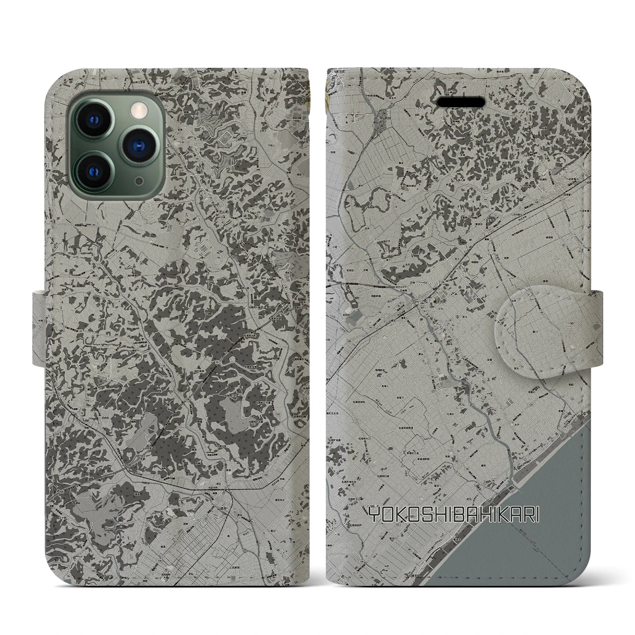 【横芝光(千葉県)】地図柄iPhoneケース(手帳タイプ)モノトーン・iPhone 11 Pro 用