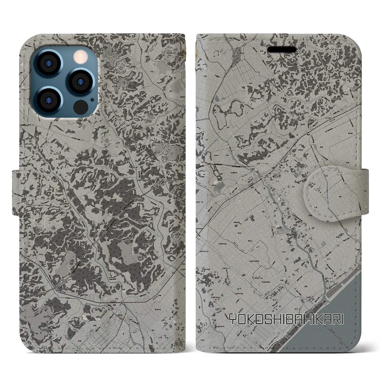 【横芝光(千葉県)】地図柄iPhoneケース(手帳タイプ)モノトーン・iPhone 12 / 12 Pro 用