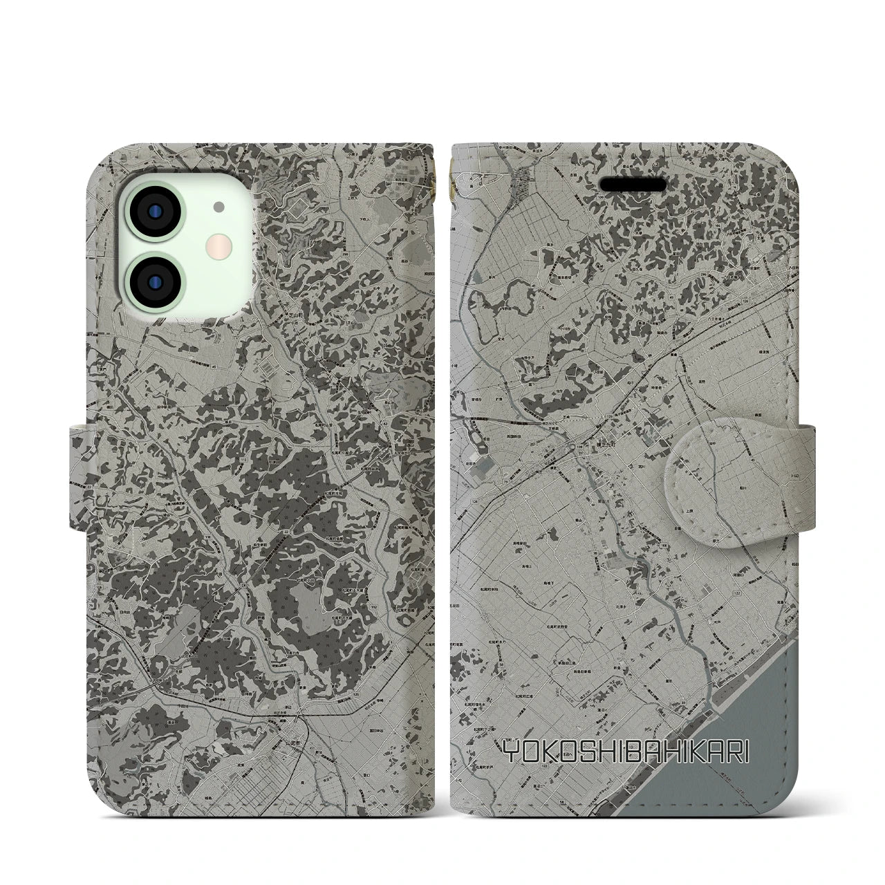 【横芝光(千葉県)】地図柄iPhoneケース(手帳タイプ)モノトーン・iPhone 12 mini 用