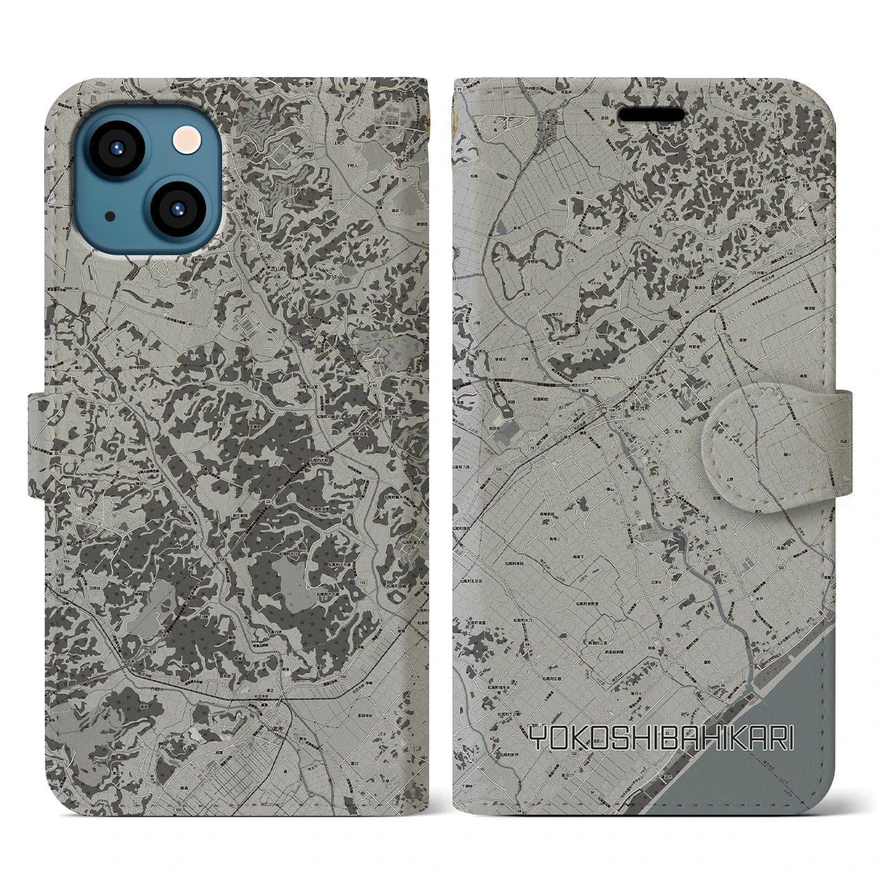 【横芝光(千葉県)】地図柄iPhoneケース(手帳タイプ)モノトーン・iPhone 13 用