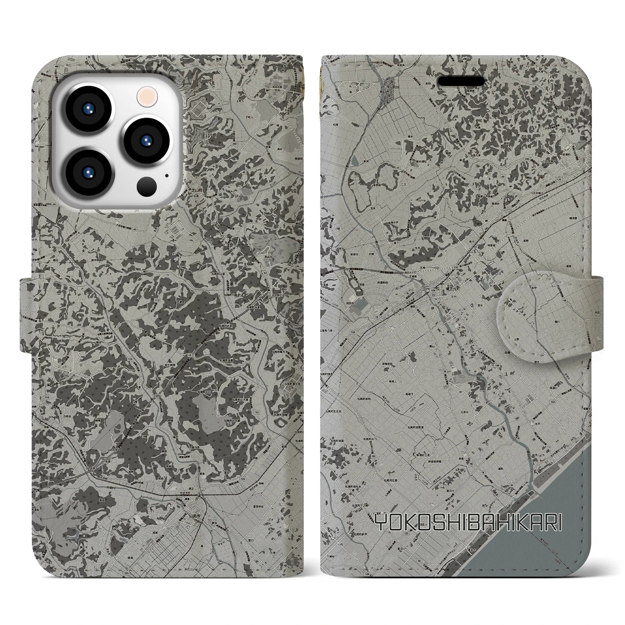 【横芝光(千葉県)】地図柄iPhoneケース(手帳タイプ)モノトーン・iPhone 13 Pro 用