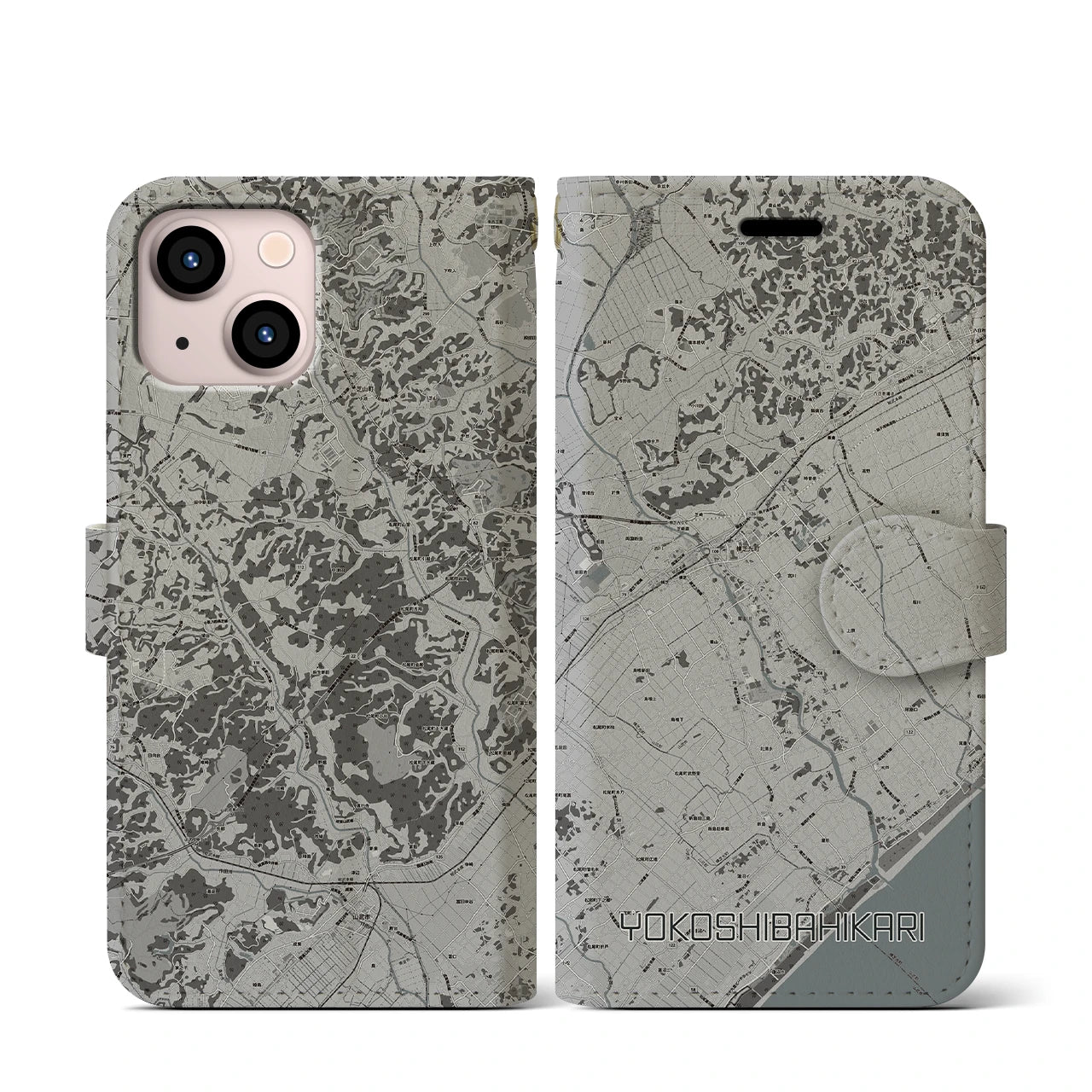 【横芝光(千葉県)】地図柄iPhoneケース(手帳タイプ)モノトーン・iPhone 13 mini 用