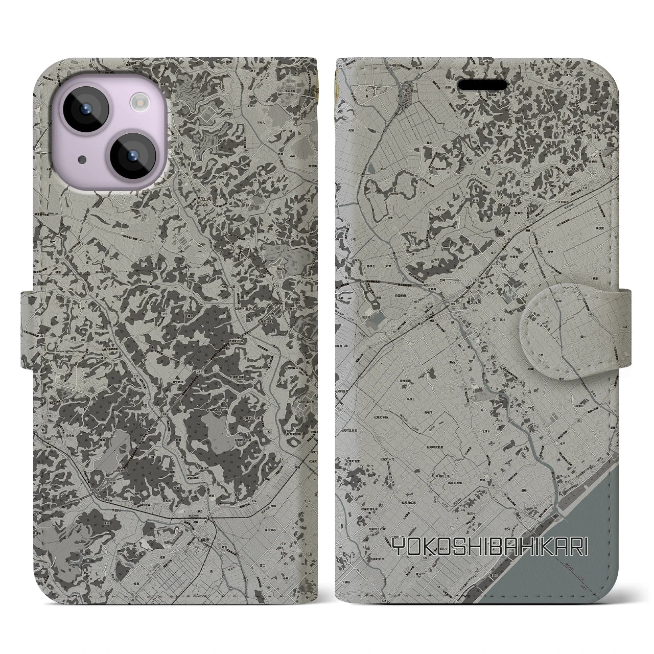 【横芝光(千葉県)】地図柄iPhoneケース(手帳タイプ)モノトーン・iPhone 14 用